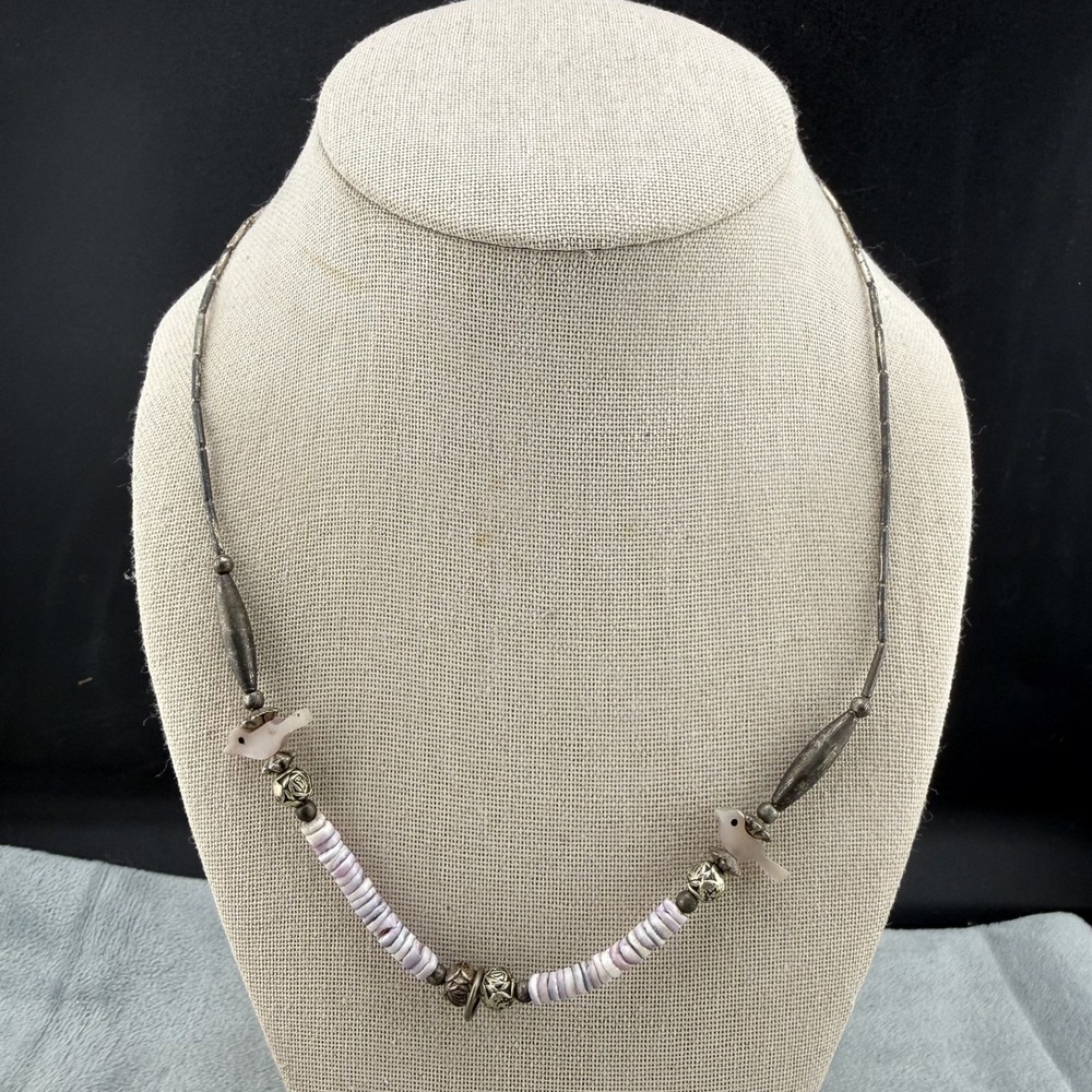 Vintage‎ Fetish Necklace Birds Purple Beaded Shell Silver Tone 19"